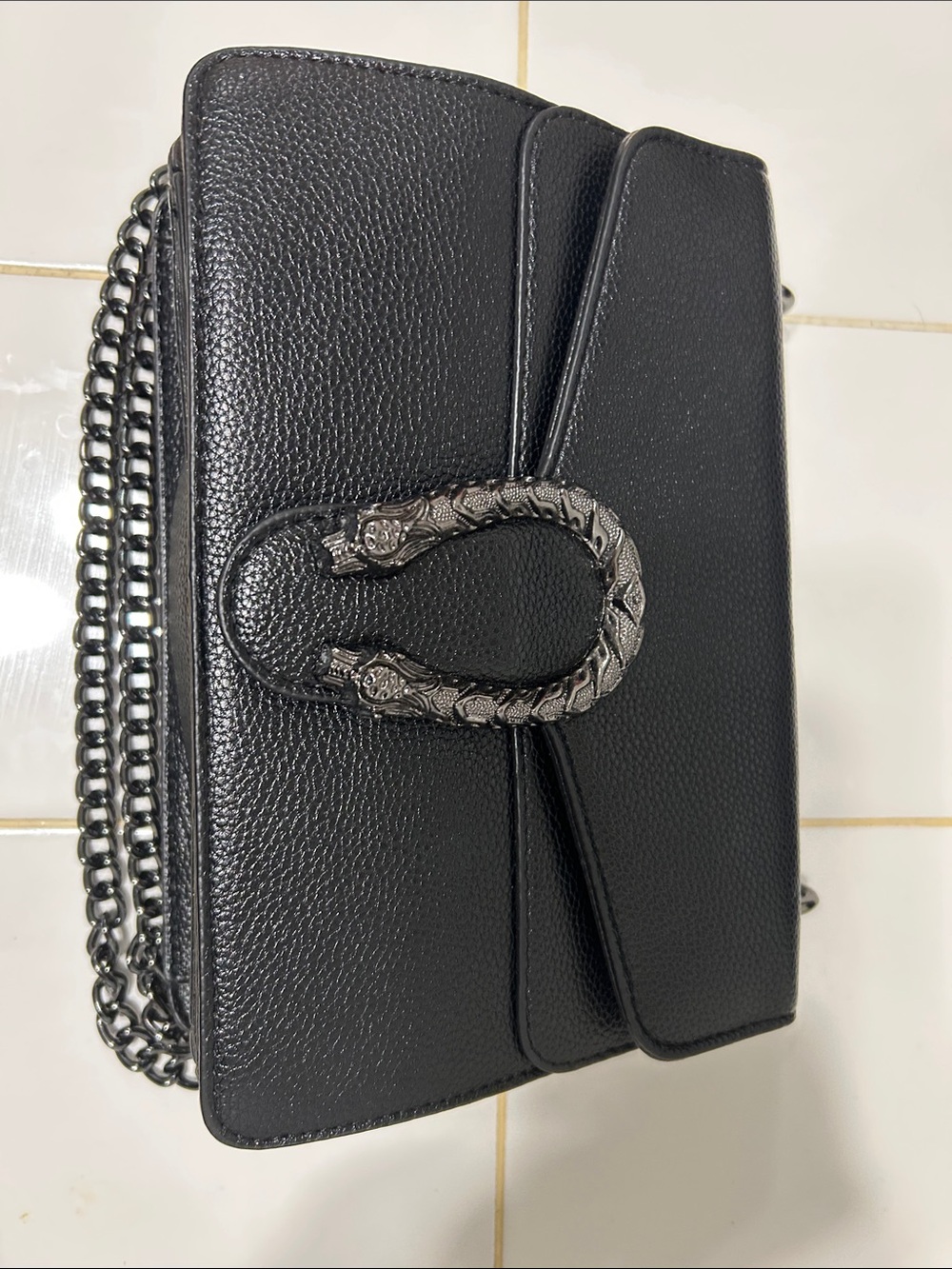 Black Leather Chain Shoulder Bag - Unbranded